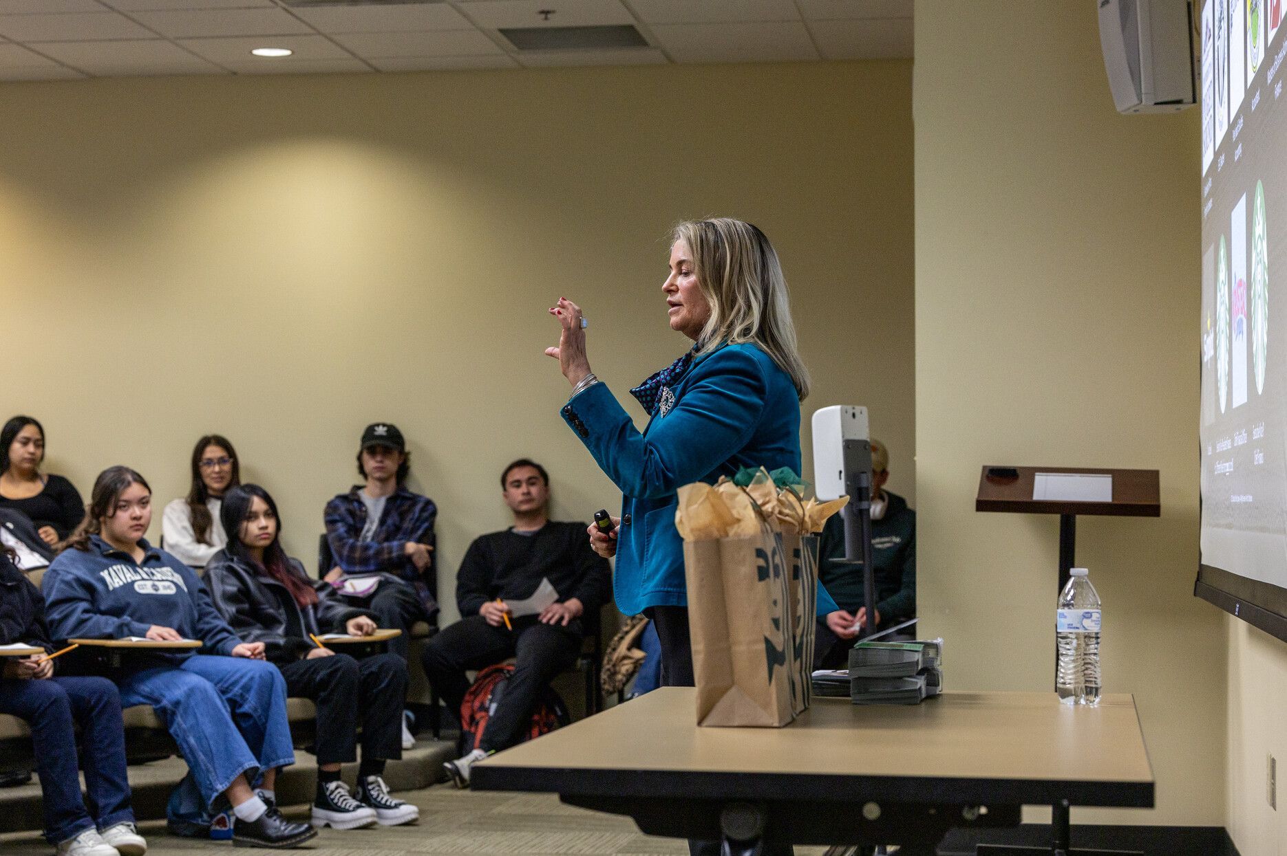 Rachel Ruggeri presenting to student audience 