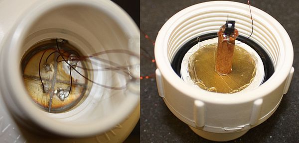 Top cap with piezo mounted with top view on left and bottom view on right.